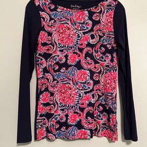 Lilly Pulitzer Blue Pink Floral Paisley Pima Cotton Long Sleeve Stretchy Top
